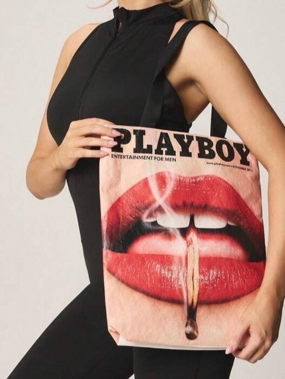 PLAYBOY Pink Tote with Red Lip Graphic and Black Straps